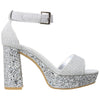Womens Platform Sandals Glitter Accent Ankle Strap Chunky Block Heel Shoes Silver