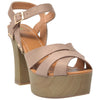 Womens Platform Sandals Strappy Open Toe Studded Wood Chunky High Heel Shoes Taupe