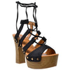 Womens Platform Sandals Gold Studded Lace Up Wood Chunky High Heel Shoes Black