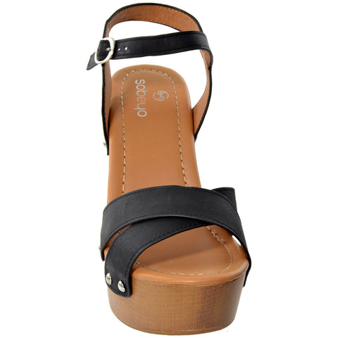Womens Platform Sandals Ankle Strap Studded Wood Chunky High Heel Shoes ...
