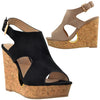 Womens Platform Sandals Slingback Peep Toe Cutout Cork Wedge Shoes Black
