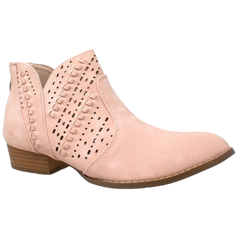 Womens Ankle Boots Western Block Heel Bootie Perforated Cutout Shoes Pink