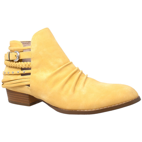 Womens Ankle Boots Western Block Heel Bootie Strappy Stud Buckle Shoes Yellow
