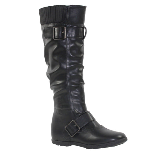 Knee High Boots Ruched Knit Cuff Double Straps Buckles Black Leather