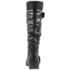Knee High Boots Ruched Knit Cuff Double Straps Buckles Black Leather