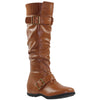 Knee High Boots Ruched Knit Cuff Double Straps Buckles Tan Leather