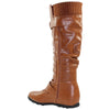 Knee High Boots Ruched Knit Cuff Double Straps Buckles Tan Leather