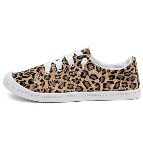 SOBEYO Women's Sneakers Canvas Lace-Up Low Top Ankle Padded Shoes Leopard