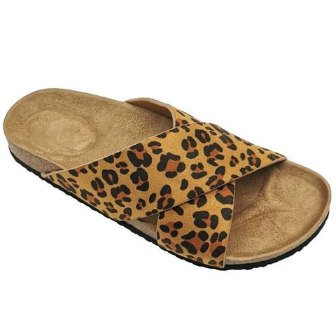 SOBEYO Women's Classic Comfort Sandals Criss-Cross Strap Slip-On Leopard Brown