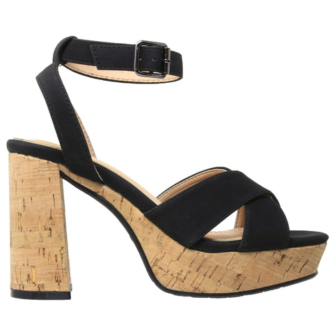Womens Platform Sandals Ankle Strap Wrapped Cork Chunky Block Heel Shoes Black