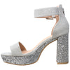 Womens Platform Sandals Open Toe Buckle Ankle Strap Chunky Block Heel Shoes Silver Glitter