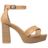 Womens Platform Sandals Adjustable Ankle Strap Retro Chunky Heel Shoes Tan