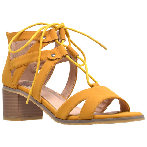 Womens Dress Sandals Lace Up Gladiator Block Heel Shoes Yellow