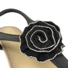 Womens Flat Sandals Beaded T-Strap Rosette Ankle Strap black