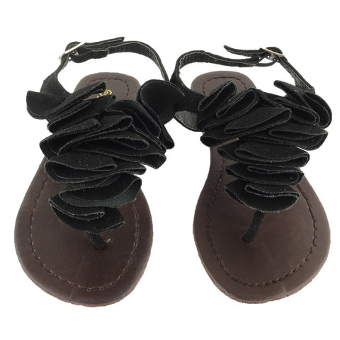 Girls T-Strap Flat Sandals w/ Ruffled Detail Black