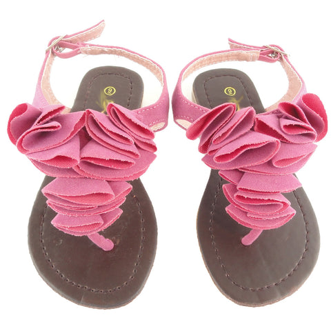 Kids Flat Sandals Ruffled Suede T Strap Adjustable Ankle Strap Pink