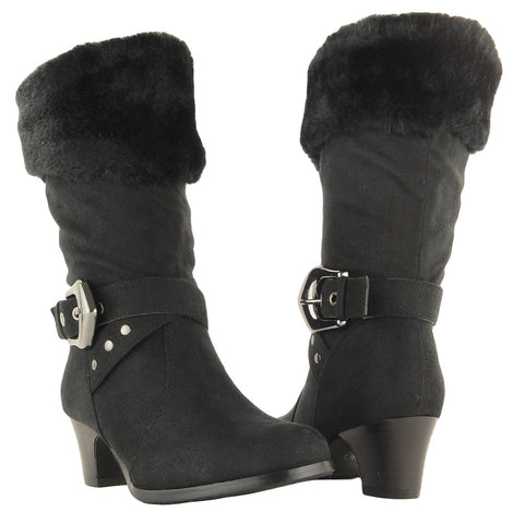 Womens Mid Calf Boots Suede Fur Cuff Ankle Wrap Buckle black