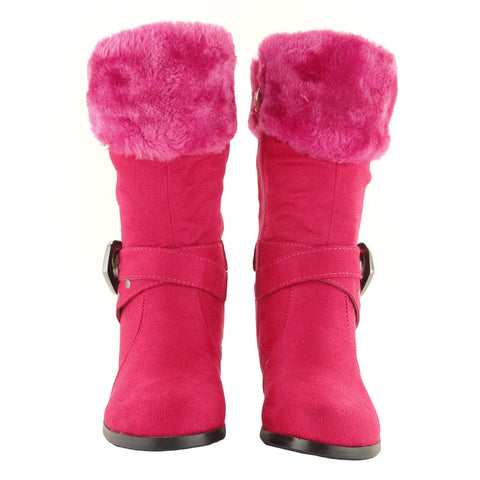 Kids Mid Calf Boots Suede Fur Cuff Ankle Wrap Buckle Pink
