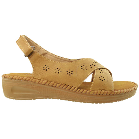 Womens Platform Sandals Crisscross Cutout Straps Lightweight Cushioned Velcro Closure Tan