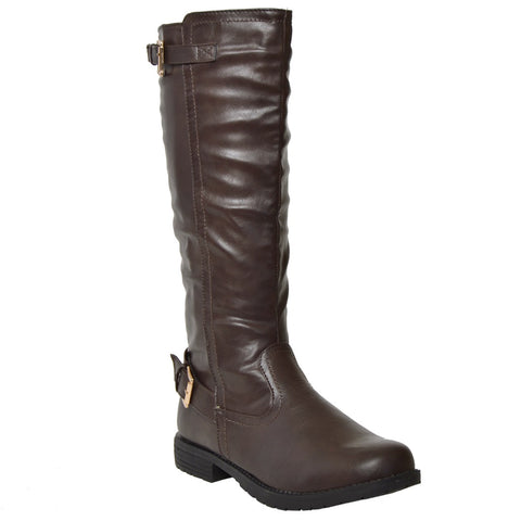 Womens Riding Mid Calf Boots w/ Buckle Accent Dark Brown