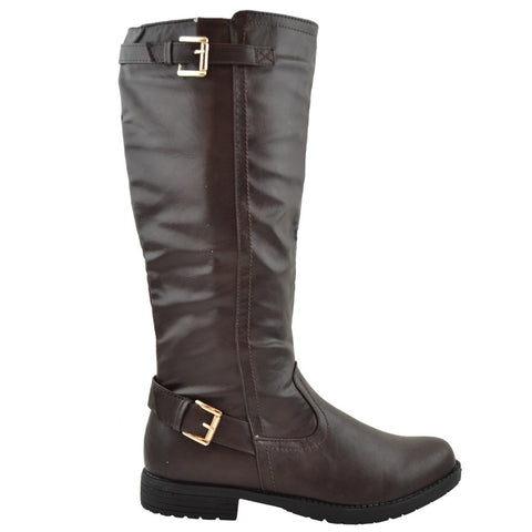 Womens Riding Mid Calf Boots w/ Buckle Accent Dark Brown